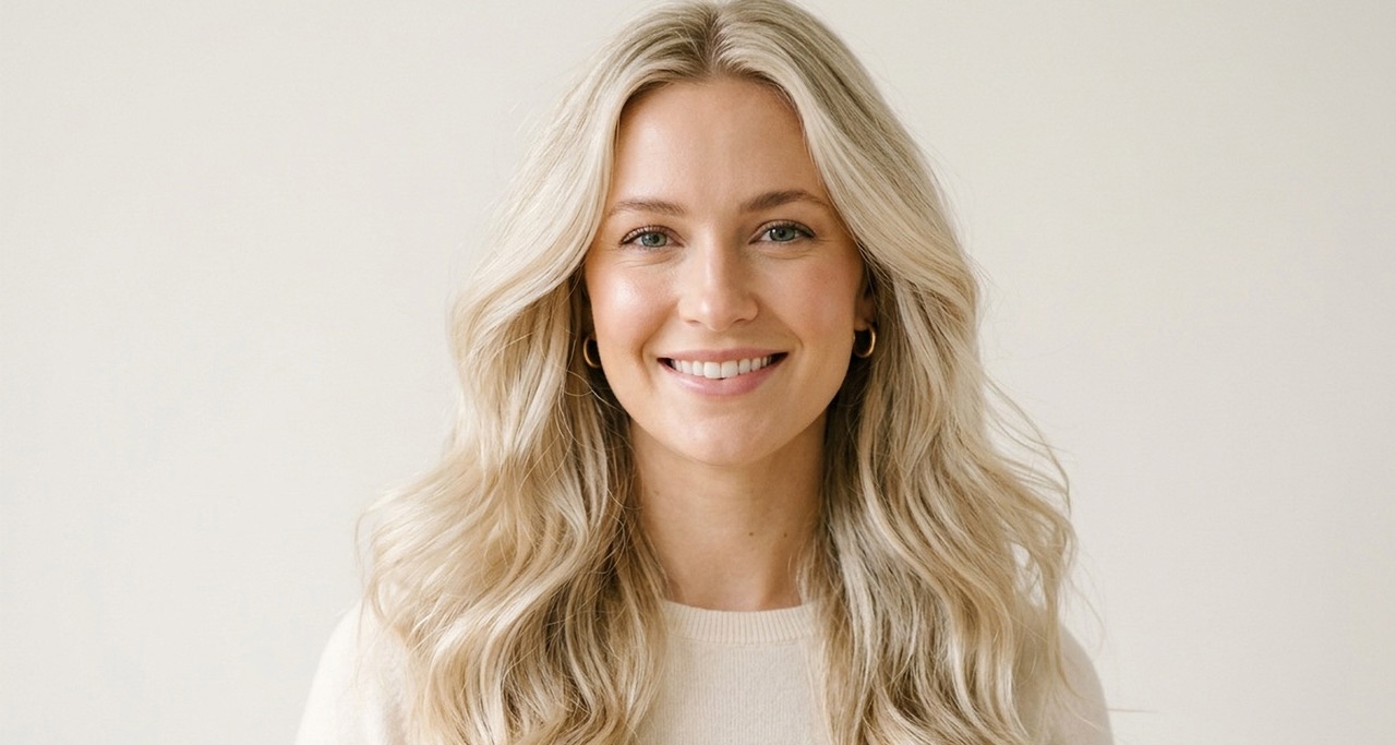 Frau mit strahlend hellem Blond (Balayage) und natürlichem Farbverlauf – professionell gefärbtes blondes Haar in einem Friseursalon in Bonn